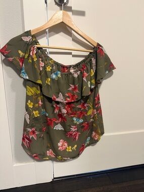 Maeve Olive Green Floral Off-The-Shoulder Ruffle Blouse